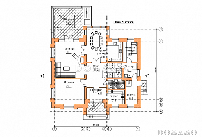 Проект двухэтажного коттеджа с террасой / План 1 этажа