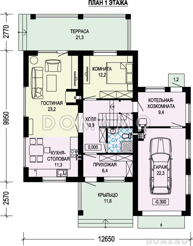 Проект двухэтажного дома с гаражом, террасой и тремя спальнями на втором этаже / План 1 этажа