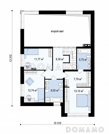 Проект современного двухэтажного дома из газобетона с плоской крышей, четырьмя комнатами, вторым светом и гаражом / План 2 этажа