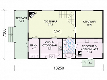 Проект одноэтажного дома из бруса с мансардой и двумя террасами на обоих этажах по всей ширине дома / План 1 этажа
