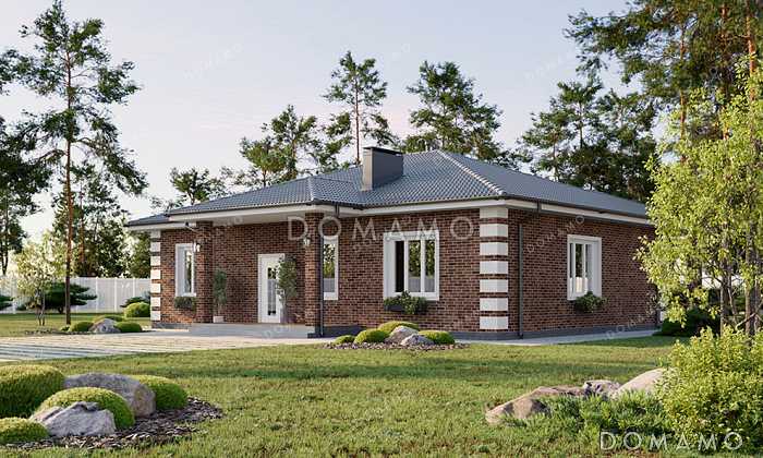 Проект одноэтажного дома в классическом стиле с угловой террасой, большой кухней-гостиной и четырьмя спальнями