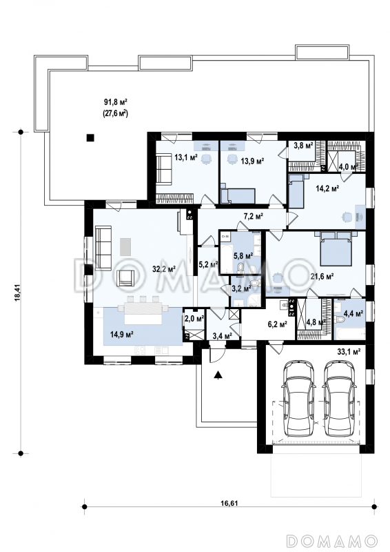 Проект просторного одноэтажного дома из газобетона с большой гостиной, тремя спальнями, кабинетом и гаражом на два автомобиля / План 1 этажа