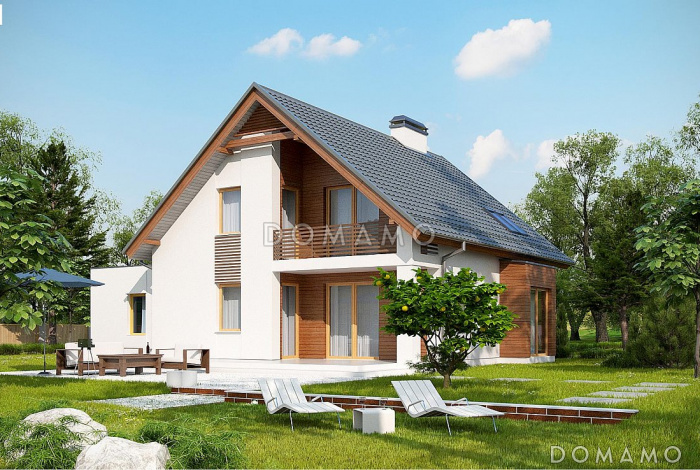 Проект одноэтажного дома из кирпича с мансардным этажом с прямоугольным эркером, балконом и пристроенным гаражом