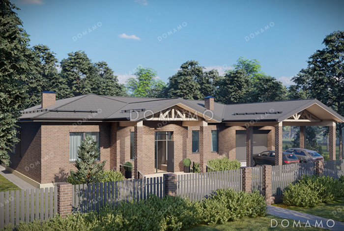 Проект дома с гаражом, навесом, подвалом, мастер-спальней и двумя детскими