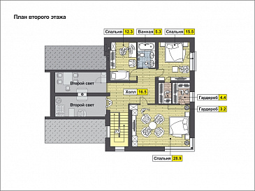 Проект загородного дома с навесом на две машины, двумя спальнями на первом этаже, террасой, вторым светом / План мансардного этажа