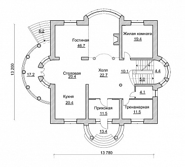 Проект коттеджа с просторной двусветной гостиной / План 1 этажа