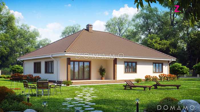 Проект просторного одноэтажного дома из кирпича с тремя спальнями и гаражом на два автомобиля