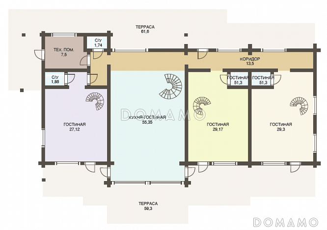 Проект двухэтажного дома из клееного бруса с шестью спальнями и гостиной на втором этаже / План 1 этажа