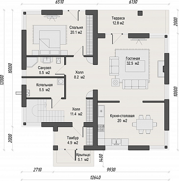 Проект двухэтажного кирпичного дома с двумя балконами на втором этаже / План 1 этажа