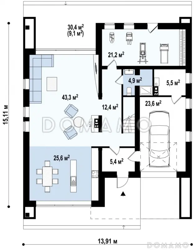 Проект современного двухэтажного дома из кирпича с тремя спальнями, спортзалом и гаражом / План 1 этажа