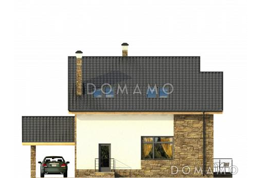 Проект частного дома с навесом для автомобиля, панорамными окнами в кузне-столовой, длинным балконом на мансардном этаже / Фасад 4