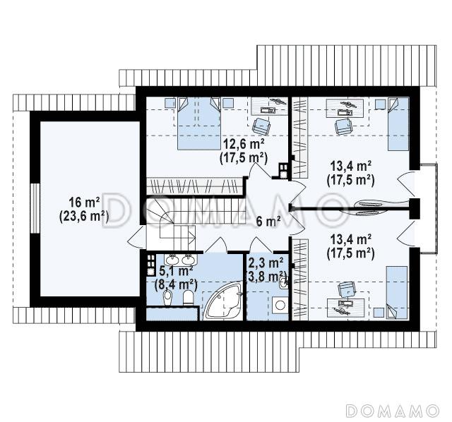 Проект классического мансардного дома из кирпича с кабинетом и большим техническим помещением и гаражом / План мансардного этажа