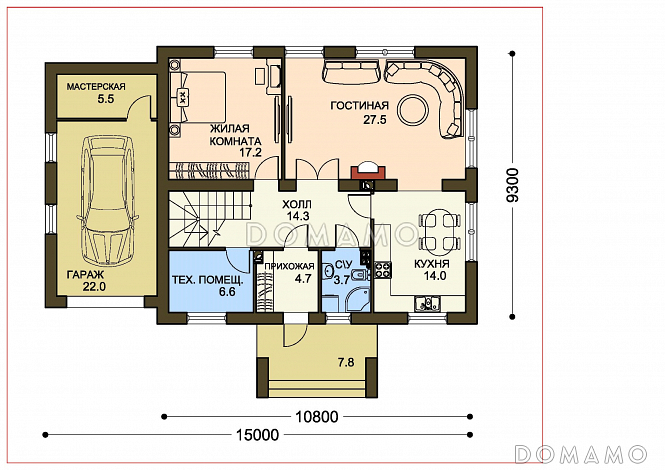 Проект двухэтажного дома с гардеробными на втором этаже / План 1 этажа