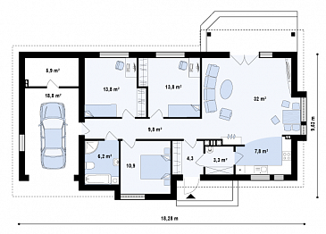 Проект одноэтажного дома из газобетона с современными фасадами, эркерами и гаражом / План 1 этажа