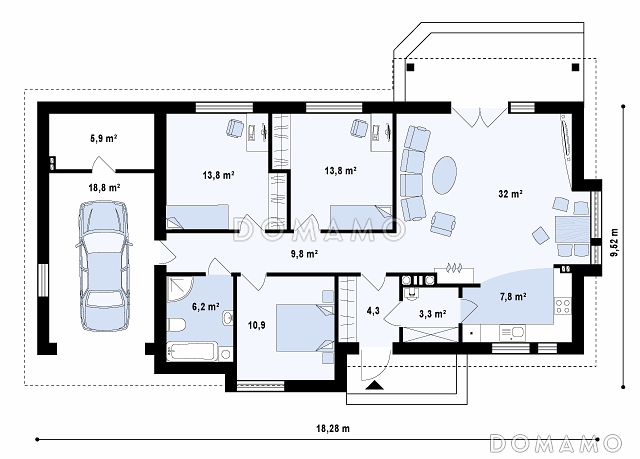 Проект одноэтажного дома из газобетона с современными фасадами, эркерами и гаражом / План 1 этажа
