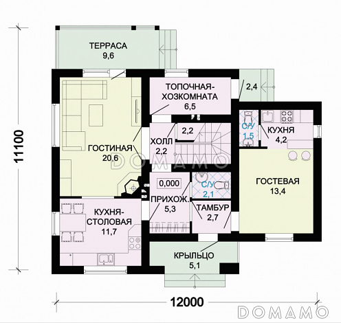 Проект небольшого дома с пятью жилыми комнатами и балконом / План 1 этажа