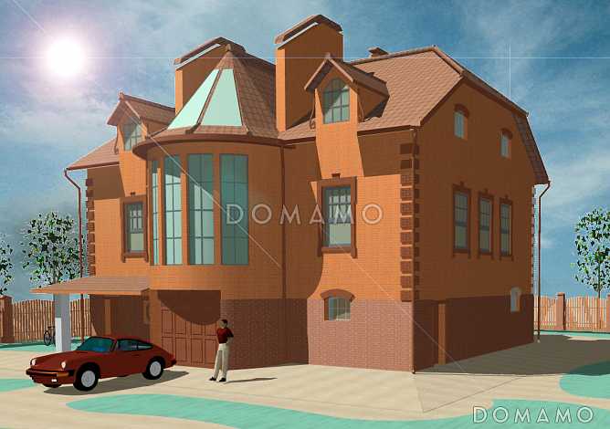 Проект двухэтажного дома с мансардой, с гаражом, с сауной, бассейном и вторым светом 