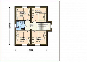 Проект двухэтажного коттеджа с кирпичной отделкой и эркером в гостиной / План 2 этажа