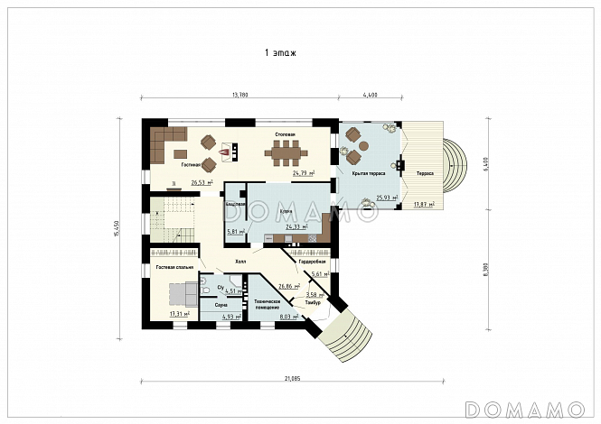 Проект дома с входом с угла здания, террасами, кладовой в кухне, сауной, хозяйской спальней и детскими / План 1 этажа