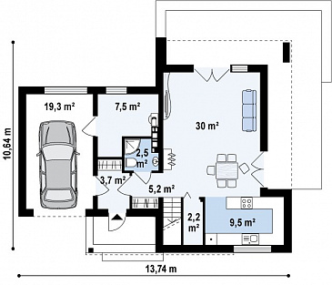 Проект современного двухэтажного дома из газобетона с тремя спальнями и террасой над одноместным гаражом / План 1 этажа
