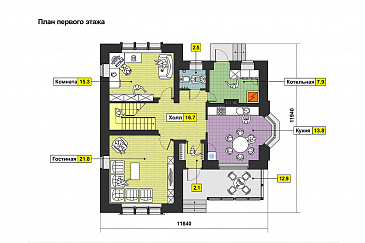 Проект дома одноэтажного дома с мансардным этажом, эркером, балконами в спальне / План 1 этажа