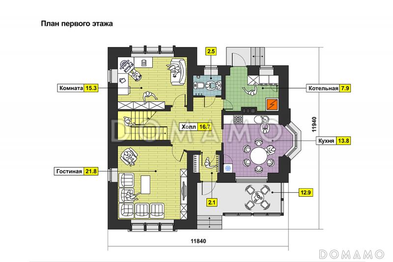 Проект дома одноэтажного дома с мансардным этажом, эркером, балконами в спальне / План 1 этажа