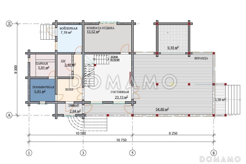 Проект дома с просторной верандой с панорамными окнами / План 1 этажа