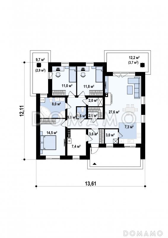 Проект одноэтажного дома из кирпича с тремя спальнями и треугольным окном на чердаке с изменениями в планировке / План 1 этажа