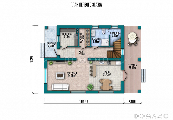 Проект двухэтажного дома с большой гостиной и террасой / План 1 этажа