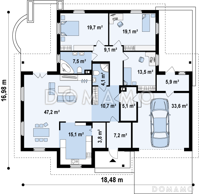 Проект просторного одноэтажного дома из газобетона с большой гостиной и  со встроенным гаражом на два автомобиля  / План 1 этажа