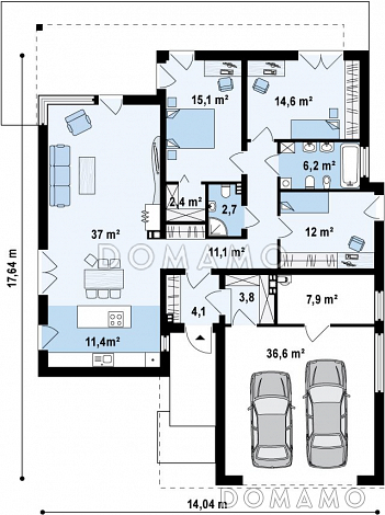 Проект просторного современного одноэтажного дома из газобетона с гаражом и тремя спальнями / План 1 этажа