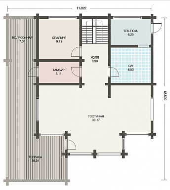 Проект дома с мансардой из клееного бруса с большим вторым светом / План 1 этажа