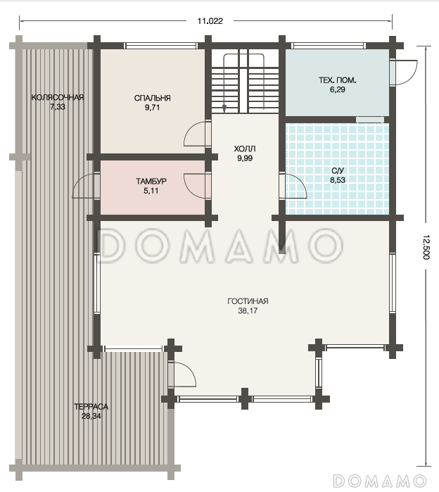 Проект дома с мансардой из клееного бруса с большим вторым светом / План 1 этажа