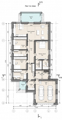 Проект одноэтажного дома с мастер-спальней, кабинетом, гаражом на 2 машины и застекленной террасой / План 1 этажа