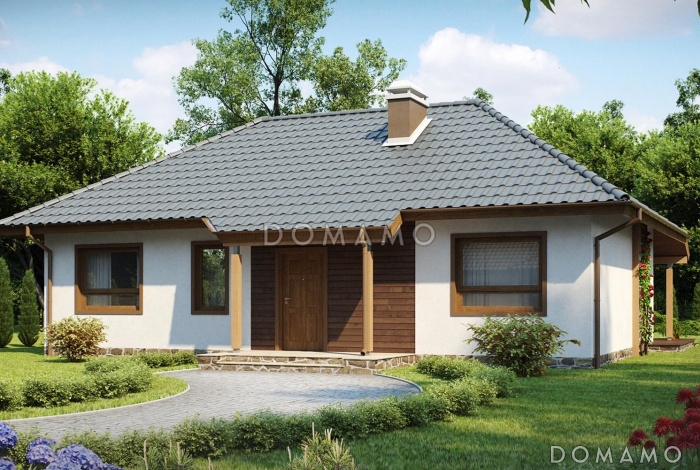 Проект одноэтажного дома адаптированного для каркасного строительства с тремя спальнями и крытой террасой