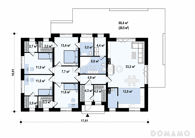 Проект просторного одноэтажного дома из газобетона с четырьмя спальнями с гардеробными  / План 1 этажа