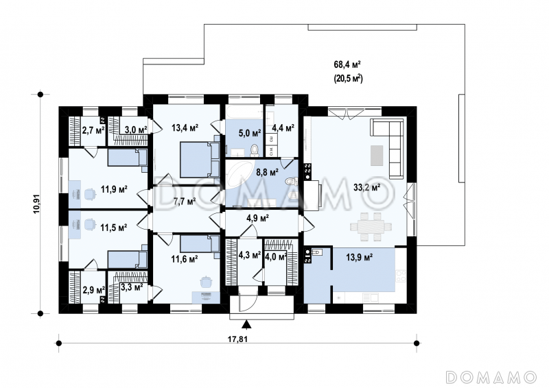Проект просторного одноэтажного дома из газобетона с четырьмя спальнями с гардеробными  / План 1 этажа