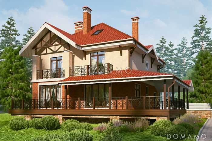 Проект дома с цокольным этажом и большой крытой террасой