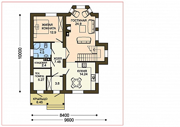 Проект вместительного коттеджа с каменными столбами крыльца и навеса / План 1 этажа