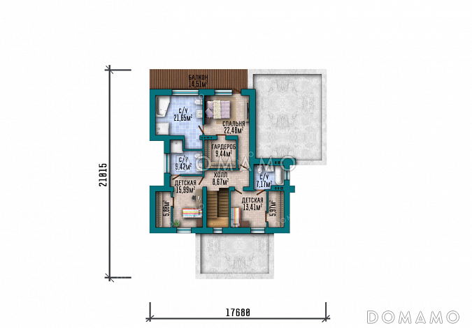 Проект современного особняка с бассейном, бильярдной и открытыми балконами на третьем этаже / План 2 этажа