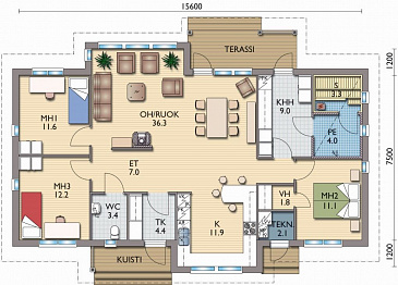 Проект каркасного дома с тремя спальнями / План 1 этажа