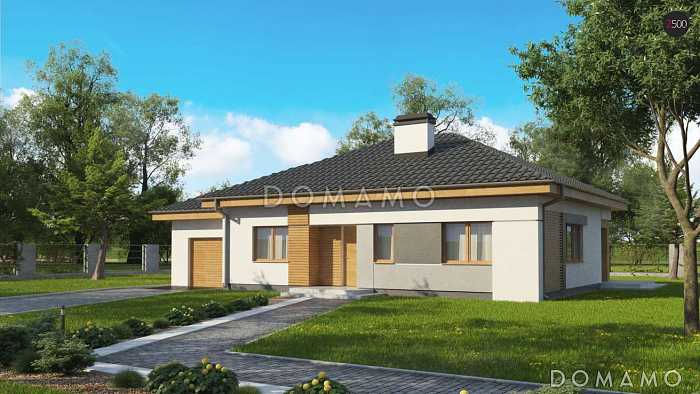 Проект одноэтажного дома из газобетона с тремя спальнями и небольшой крытой угловой террасой, увеличенная версия 273 с гаражом