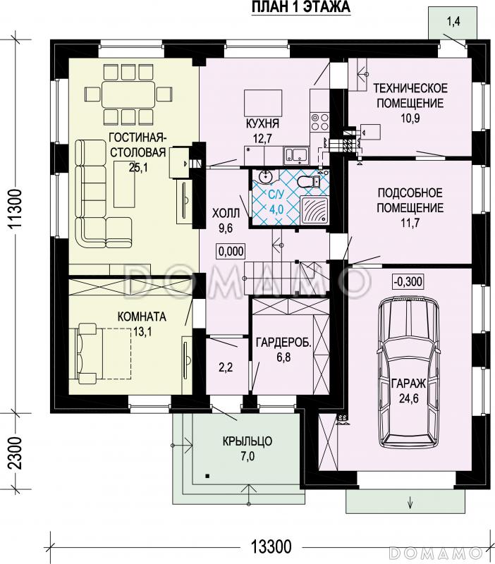 Проект двухэтажного газобетонного дома с гаражом и объединенной спальней, гардеробной и кабинетом / План 1 этажа