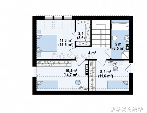 Проект компактного одноэтажного дома из газобетона с ночной зоной на мансардном этаже и открытой террасой вдоль дома / План мансардного этажа