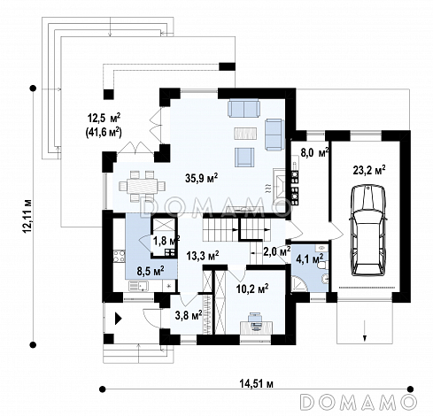Проект загородного дома с подвалом, гаражом, террасой, кладовой на кухне, балконом / План 1 этажа