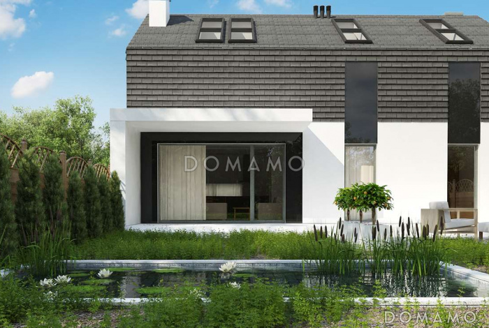 Проект современных мансардных домов-близнецов из газобетона с большим гаражом, открытой террасой на втором этаже и четырьмя спальнями