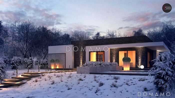 Проект просторного современного одноэтажного углового дома из кирпича с плоской крышей, с гаражом и отделённой спальной зоной