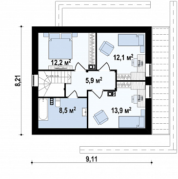 Проект компактного одноэтажного мансардного дома из кирпича с кабинетом и тремя спальнями / План мансардного этажа