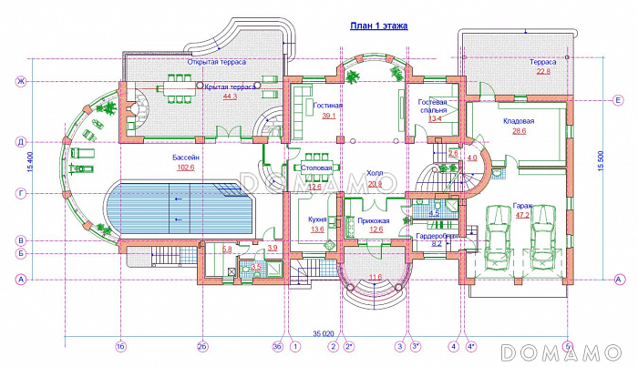 Проект жилого дома с большим бассейном с выходом на террасу / План 1 этажа