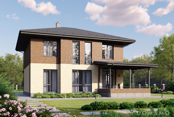 Проект двухэтажного дома с крытой террасой, кабинетом и 4 спальнями